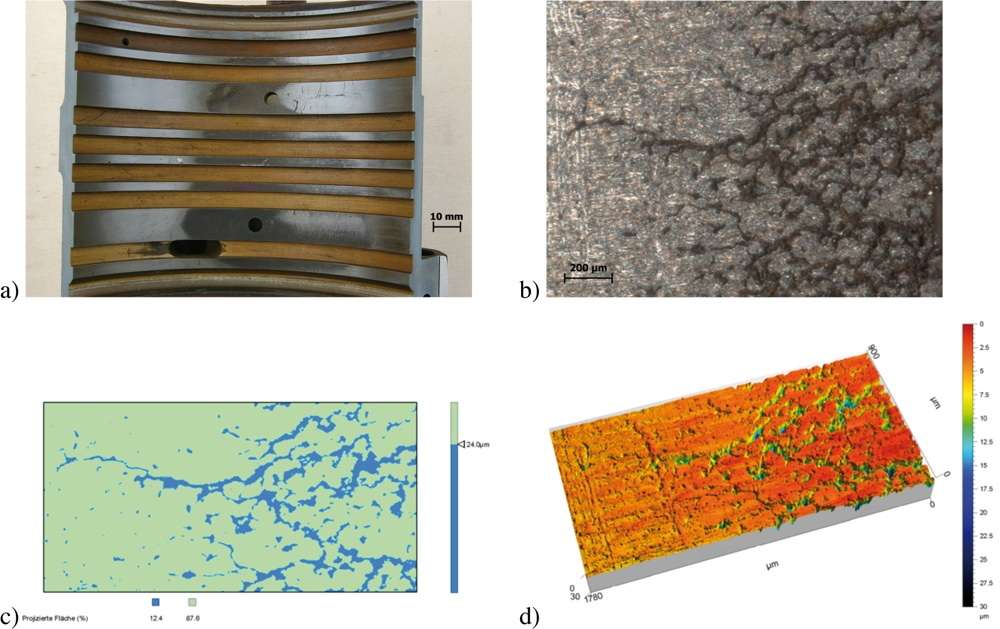 Bild 2: Gehäuse mit Korrosionsschaden: a) Makrofotographie des entnommenen Probensegments, b) bis d) Detail einer Korrosionsfront aus a); b) Lichtmikroskop mit Hellfeldbeleuchtung sowie c) und d) Messmikroskop 3D-Topographie.